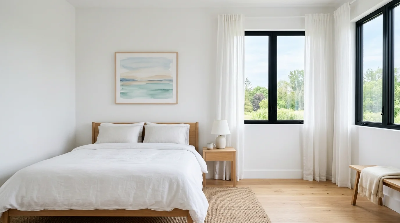 A minimalist bedroom with white walls a simple bed and a single piece of calming artwork bright natural daylight clean uncluttered space no people